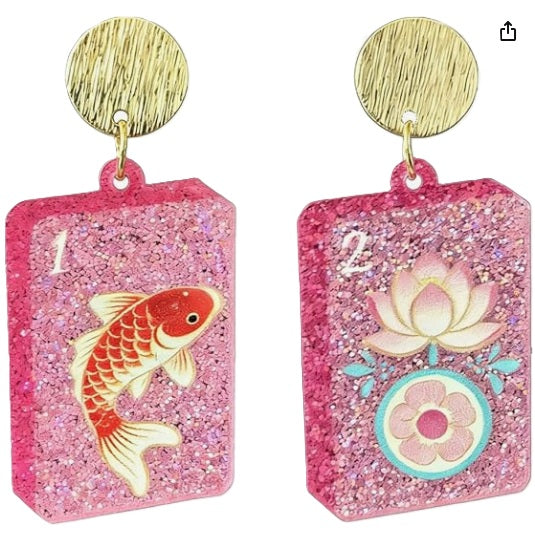 Clip On Pink Mahjong Tile Earrings Acrylic Clipon Hook Designs 4 Print Styles 2D