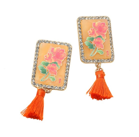 Clip On Mahjong Tile Earrings Crystal Tassel Acrylic Clipon Post Designs 6 Print Styles 2D