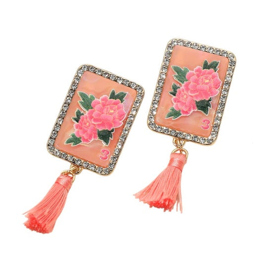 Clip On Mahjong Tile Earrings Crystal Tassel Acrylic Clipon Post Designs 6 Print Styles 2D