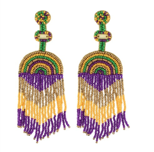 Gold Clip On Multi Tassel Earrings Seed Bead Design Seedbead 7 Colors Mardis Gras