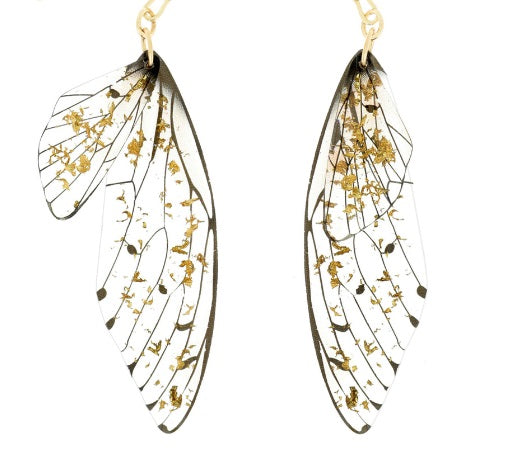 Gold Flake Resin Clip-On Earrings: Dragonfly Butterfly Wing Design