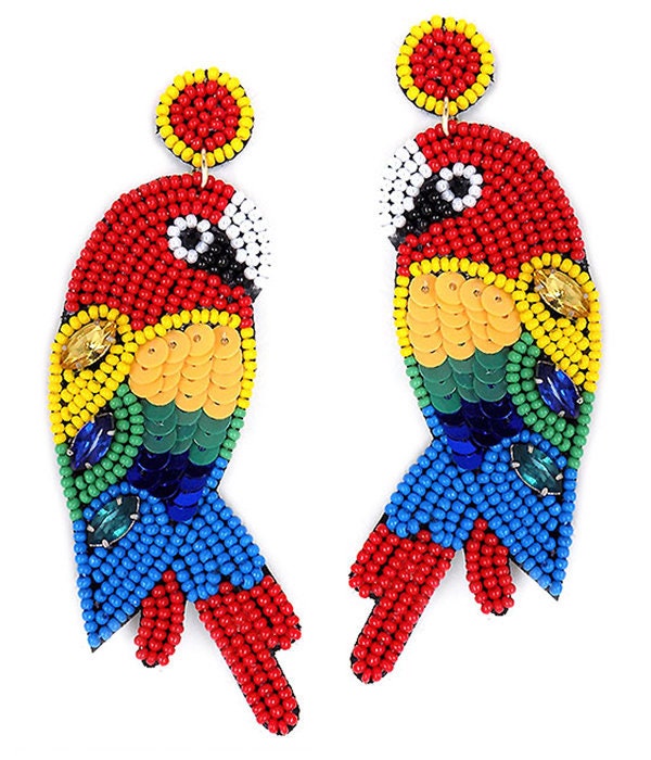 Clip On Parrot Seedbead Tassel Seed Beaded Earrings Clipon  Post Designs 3.5 Inch