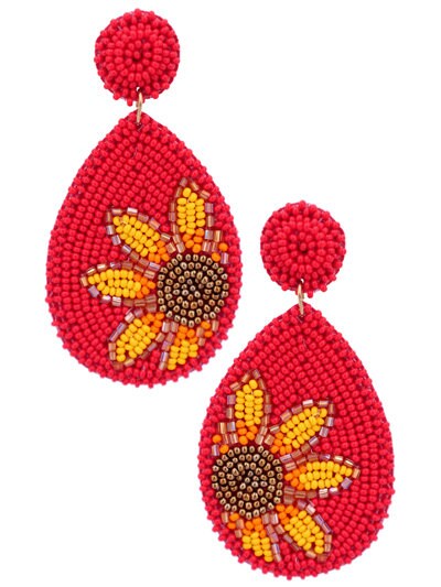 Gold Clip On Sunflower Seed Beaded Earrings Clipon Multi Color Teardrop Design