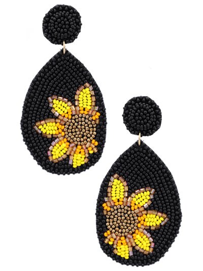 Gold Clip On Sunflower Seed Beaded Earrings Clipon Multi Color Teardrop Design