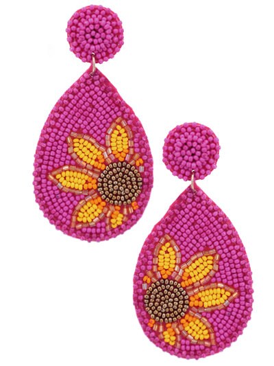 Gold Clip On Sunflower Seed Beaded Earrings Clipon Multi Color Teardrop Design