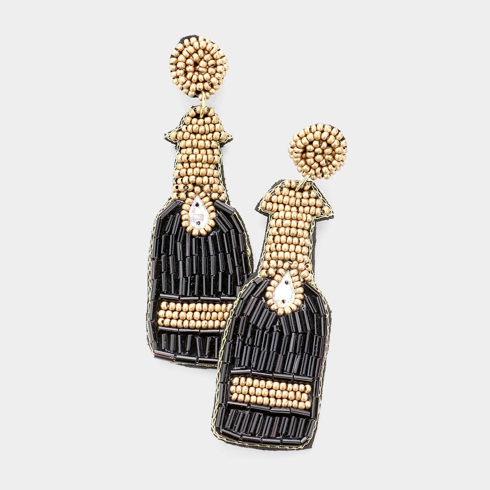 Champagne Bottle Seedbead Clipon Earrings New Year Seed Beaded Style 3 Colors