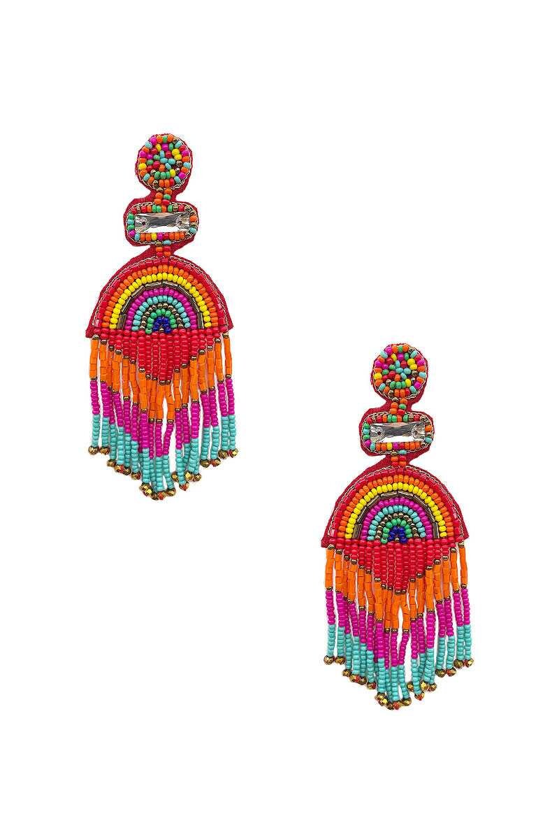 Gold Clip On Multi Tassel Earrings Seed Bead Design Seedbead 7 Colors Mardis Gras