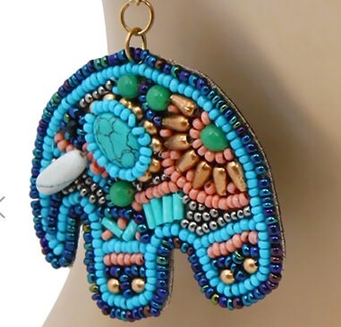 Clip On Elephant Turquoise Stone Seed Beaded Earrings Clipon Design