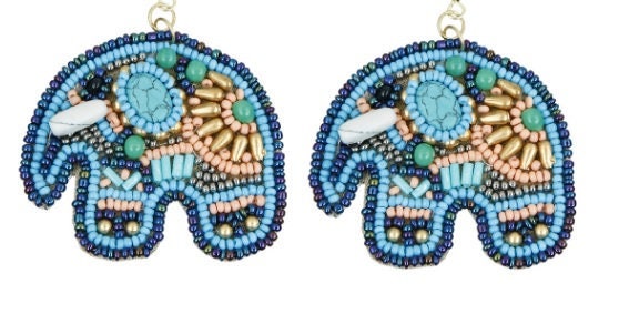 Clip On Elephant Turquoise Stone Seed Beaded Earrings Clipon Design