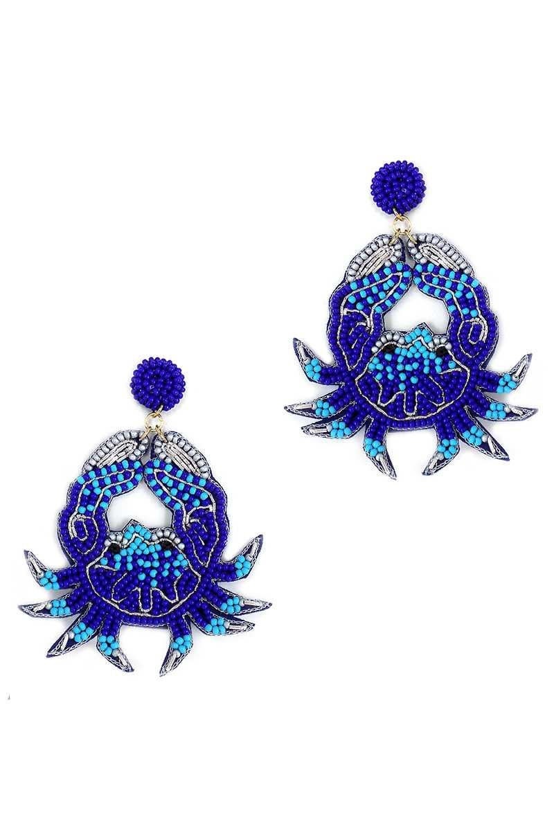 Clip On Blue Gold Crab Seed Beaded Earrings Clipon Seedbead Design