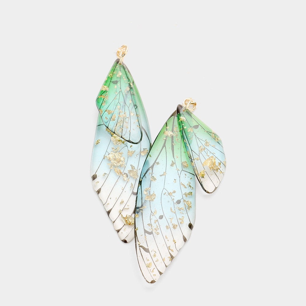 Gold Flake Resin Clip-On Earrings: Dragonfly Butterfly Wing Design