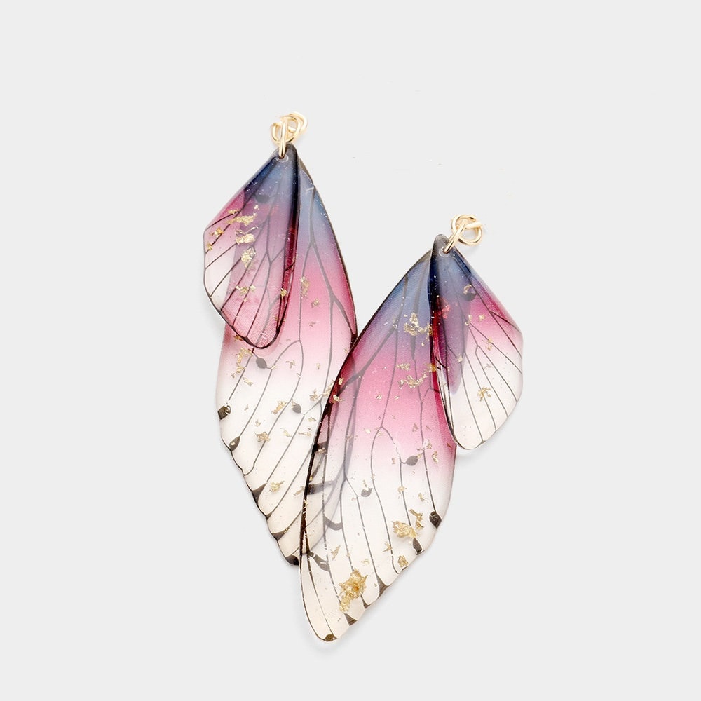 Gold Flake Resin Clip-On Earrings: Dragonfly Butterfly Wing Design
