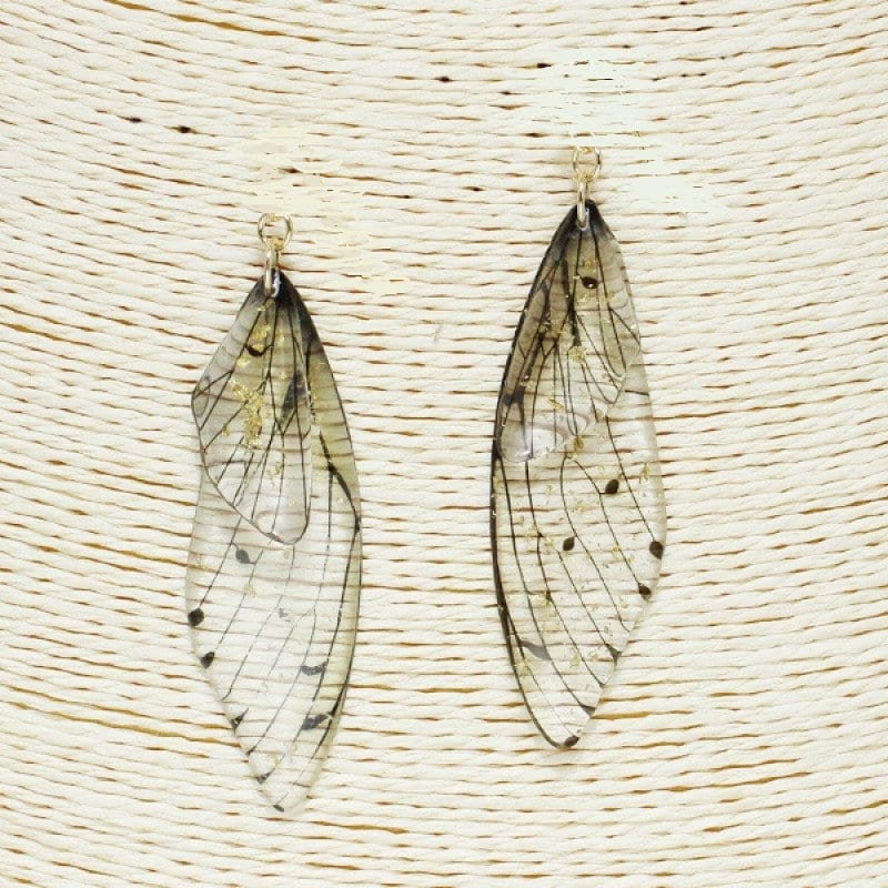 Gold Flake Resin Clip-On Earrings: Dragonfly Butterfly Wing Design
