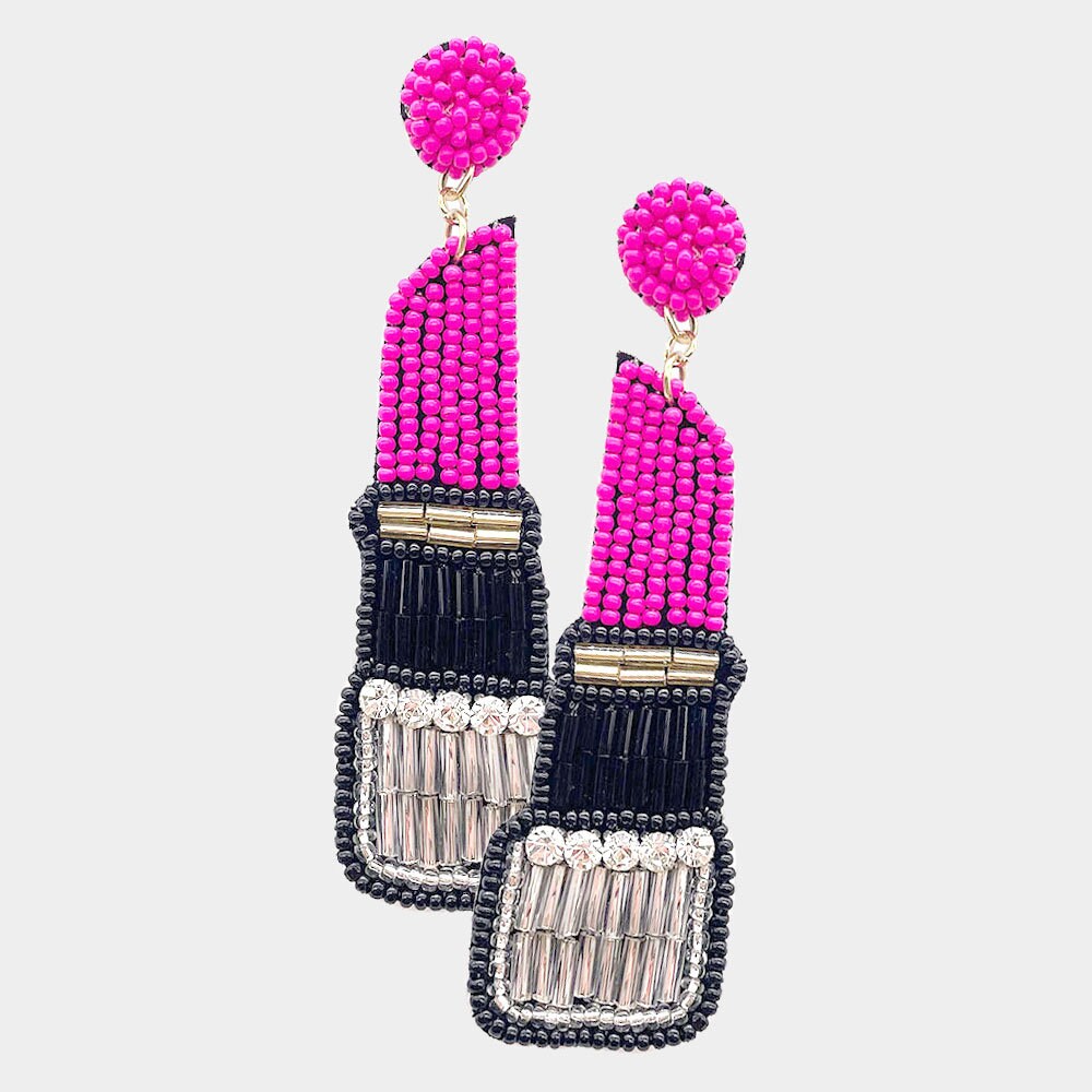 Clip On Lipstick Earrings Seedbead Dangle Seed Beaded Clipon Design 3 Colors Red Pink