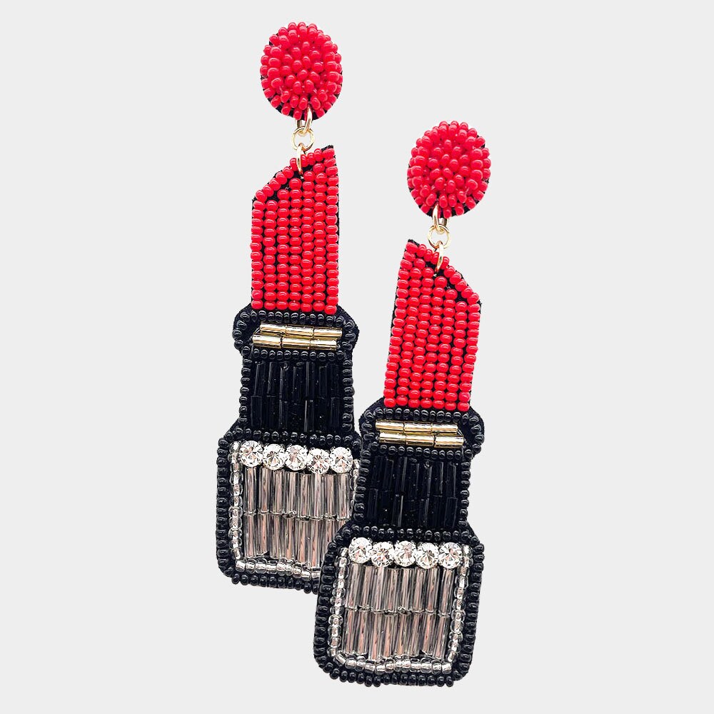 Clip On Lipstick Earrings Seedbead Dangle Seed Beaded Clipon Design 3 Colors Red Pink
