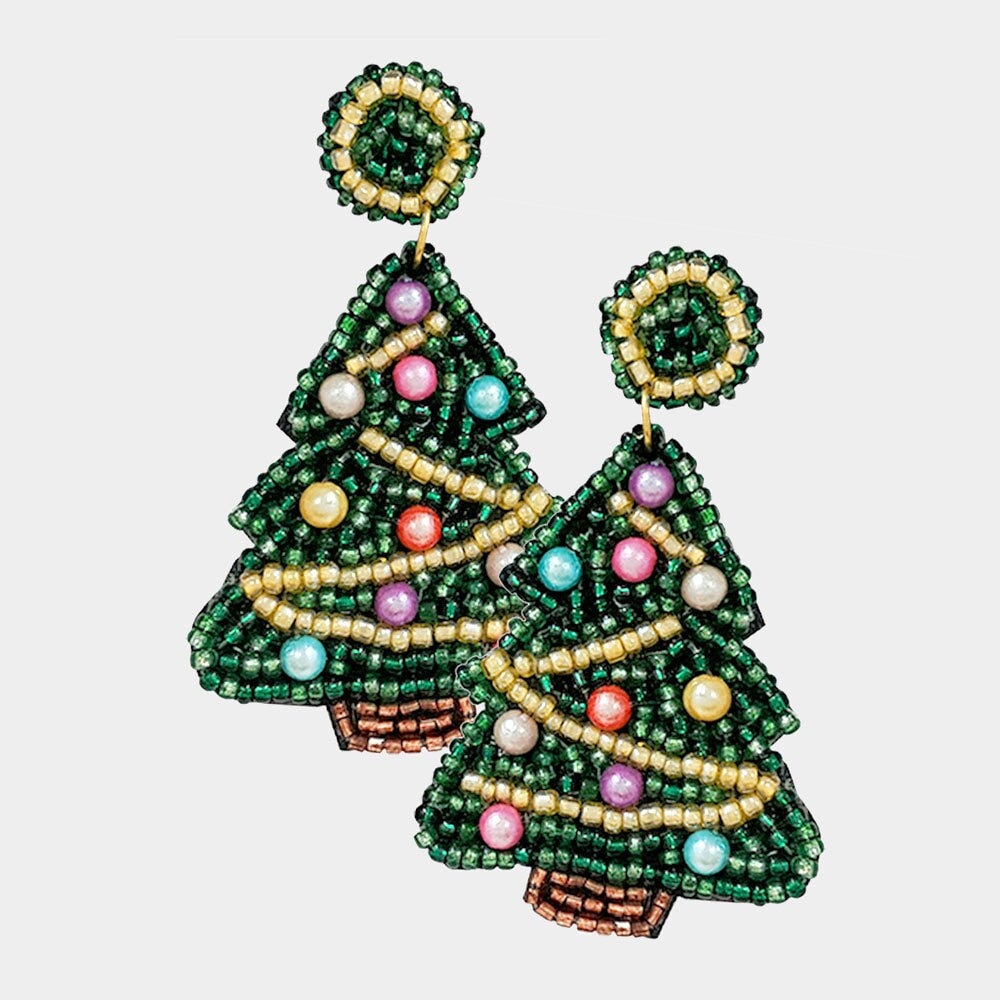Clipon SeedBead Christmas Tree Clip On Earrings Winter Green Seed Beaded Design