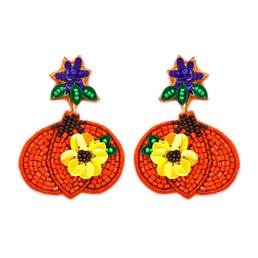 Clip On Flower Pumpkin Seedbead Earrings Seed Beaded Sequin Clipon Post Designs Fall