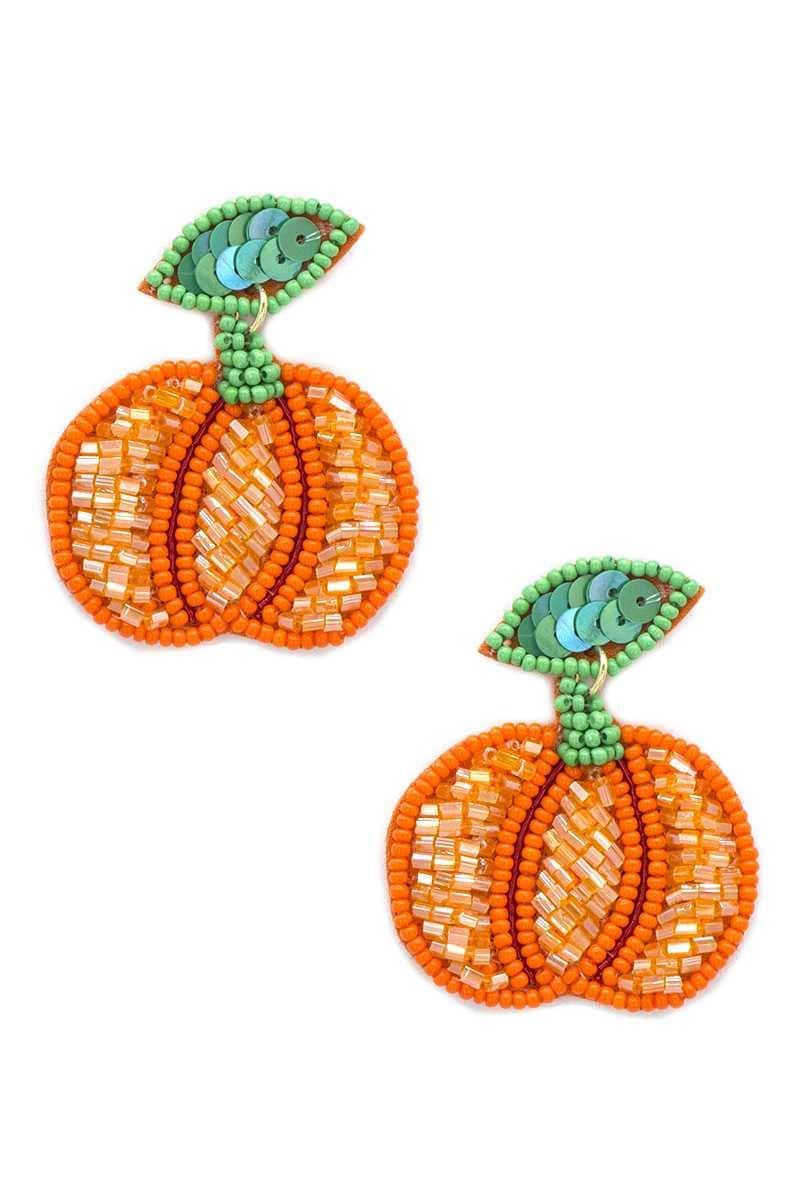 Clip On Pumpkin Seedbead Earrings Seed Beaded Sequin Clipon Post Designs Fall Green