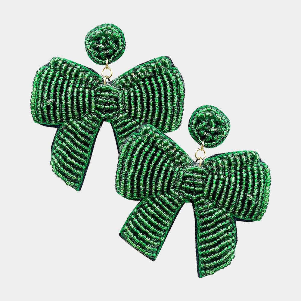 Clipon SeedBead Christmas Bow Earrings Winter Seed Beaded Clip on Post Designs 3 Colors