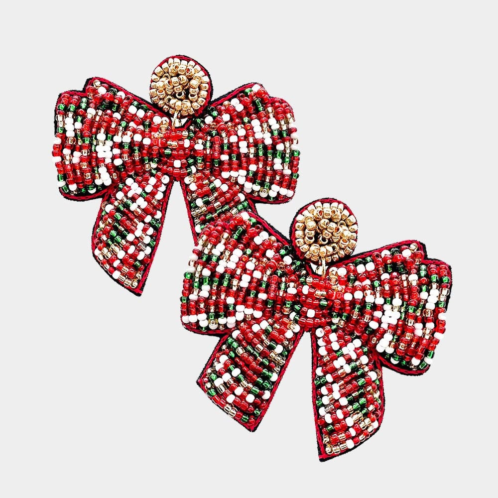 Clipon SeedBead Christmas Bow Earrings Winter Seed Beaded Clip on Post Designs 3 Colors