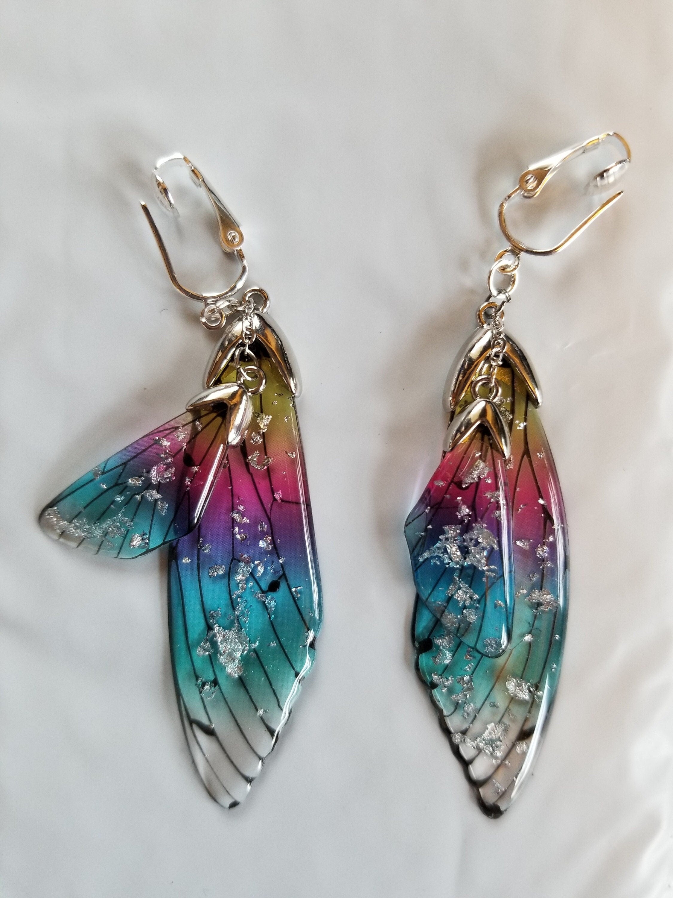Gold Flake Resin Clip-On Earrings: Dragonfly Butterfly Wing Design