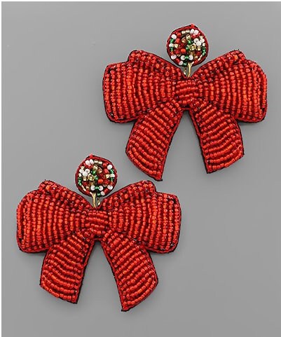 Clipon SeedBead Christmas Bow Earrings Winter Seed Beaded Clip on Post Designs 3 Colors