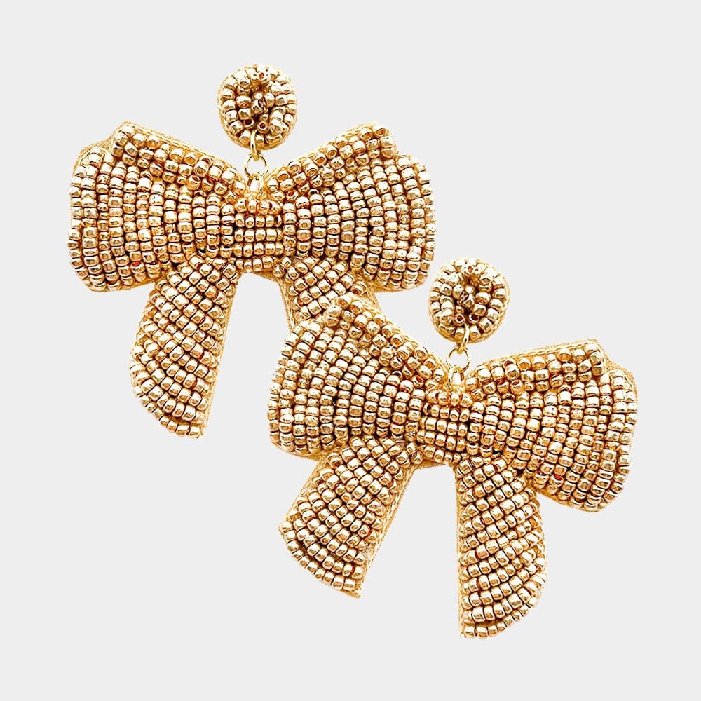 Clipon SeedBead Christmas Bow Earrings Winter Seed Beaded Clip on Post Designs 3 Colors