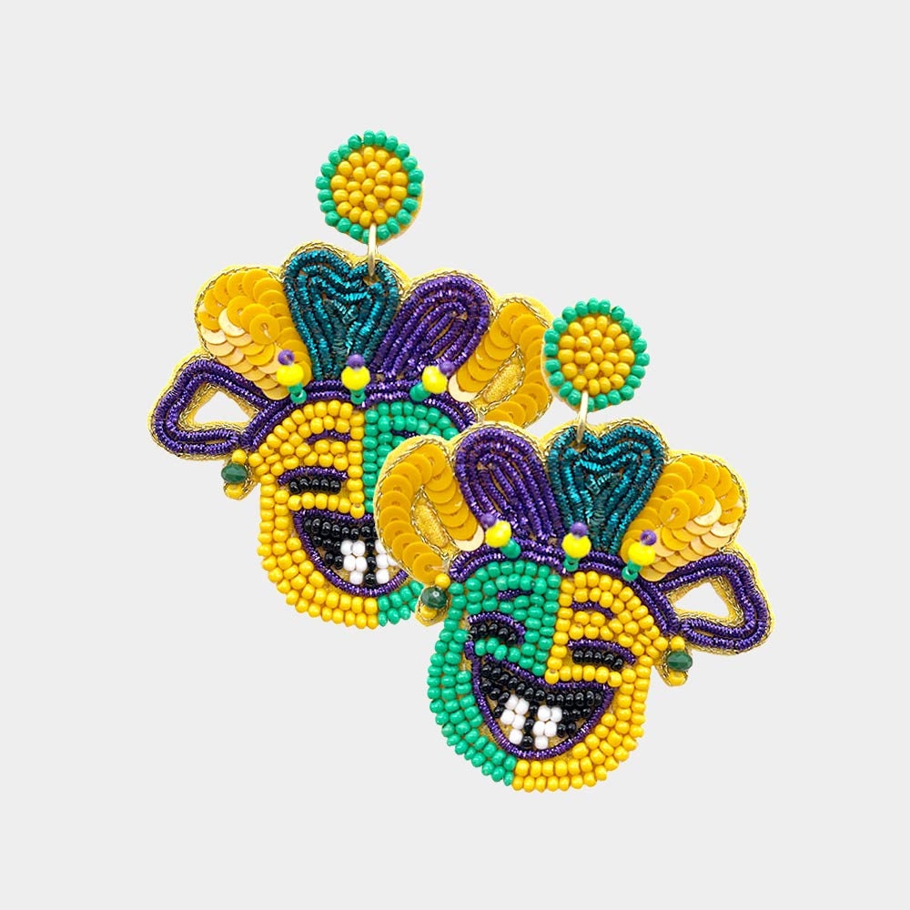 Clip On Seedbead Mardi Gras Mask Earrings Seed Bead Clipon Hook Designs