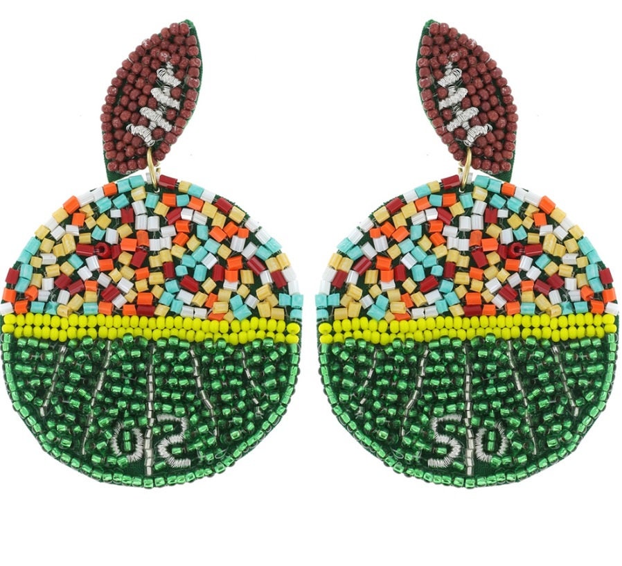 Football Seed Beaded Clip On Earrings: 50 Yardline Design