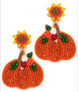 Clip On Flower Pumpkin Seedbead Earrings Seed Beaded Sequin Clipon Post Designs Fall Sunflower