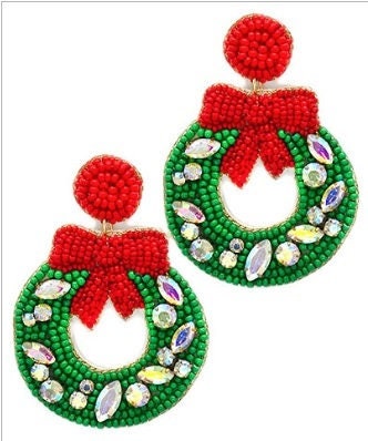 Christmas Wreath Clip On Earrings Seed Beaded Lightweight Clipon Post Designs