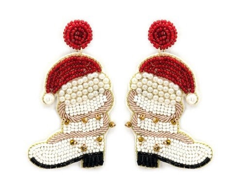 Seed Bead Christmas Earrings: Santa Boot Clip-on Earrings