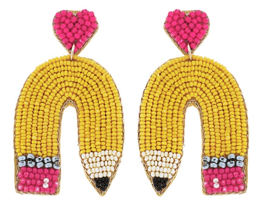 Clip On Pencil Seed Beaded Earrings Seedbead Teacher School Clipon Post Designs