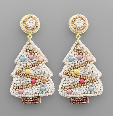 Clipon SeedBead Christmas Tree Clip On Earrings Winter Green Seed Beaded Design