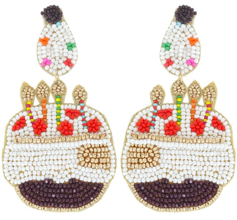 Happy Birthday Cake Seedbead Clipon Earrings Seed Bead Clip on Post Designs