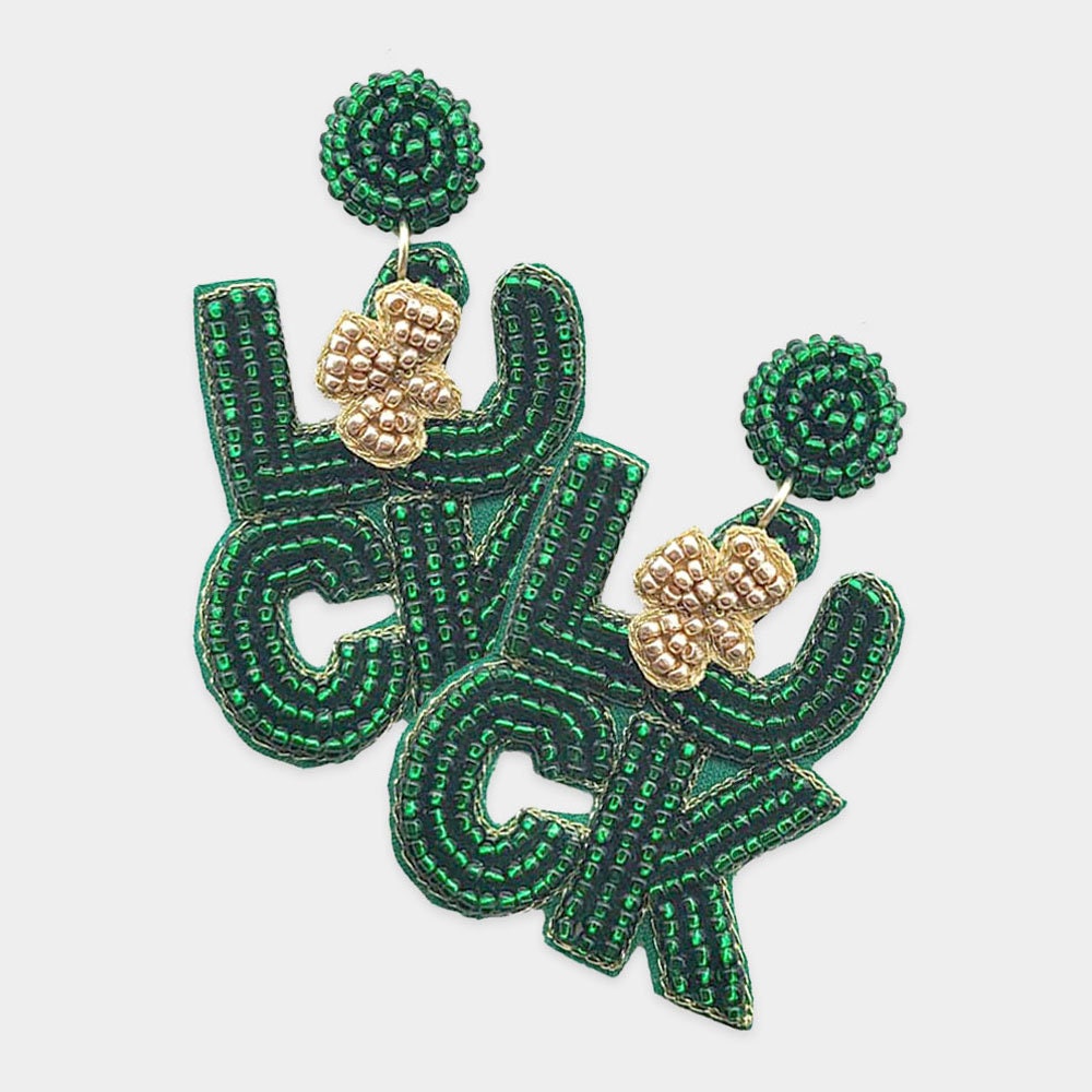 St Patricks Day Clip On Earrings: LUCK Shamrock Seedbead Design