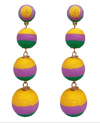 Mardi Gras Clip On Earrings: Triple Thread Ball Drop