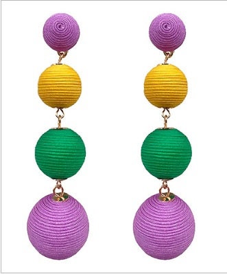 Mardi Gras Clip On Earrings: Triple Thread Ball Drop