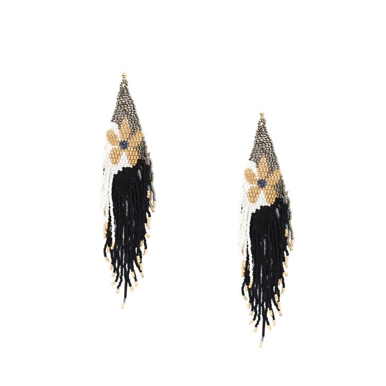 Flower Seed Beaded Clip On Earrings Tassel Fringe Clipon Hook Seedbead Designs 2 Colors