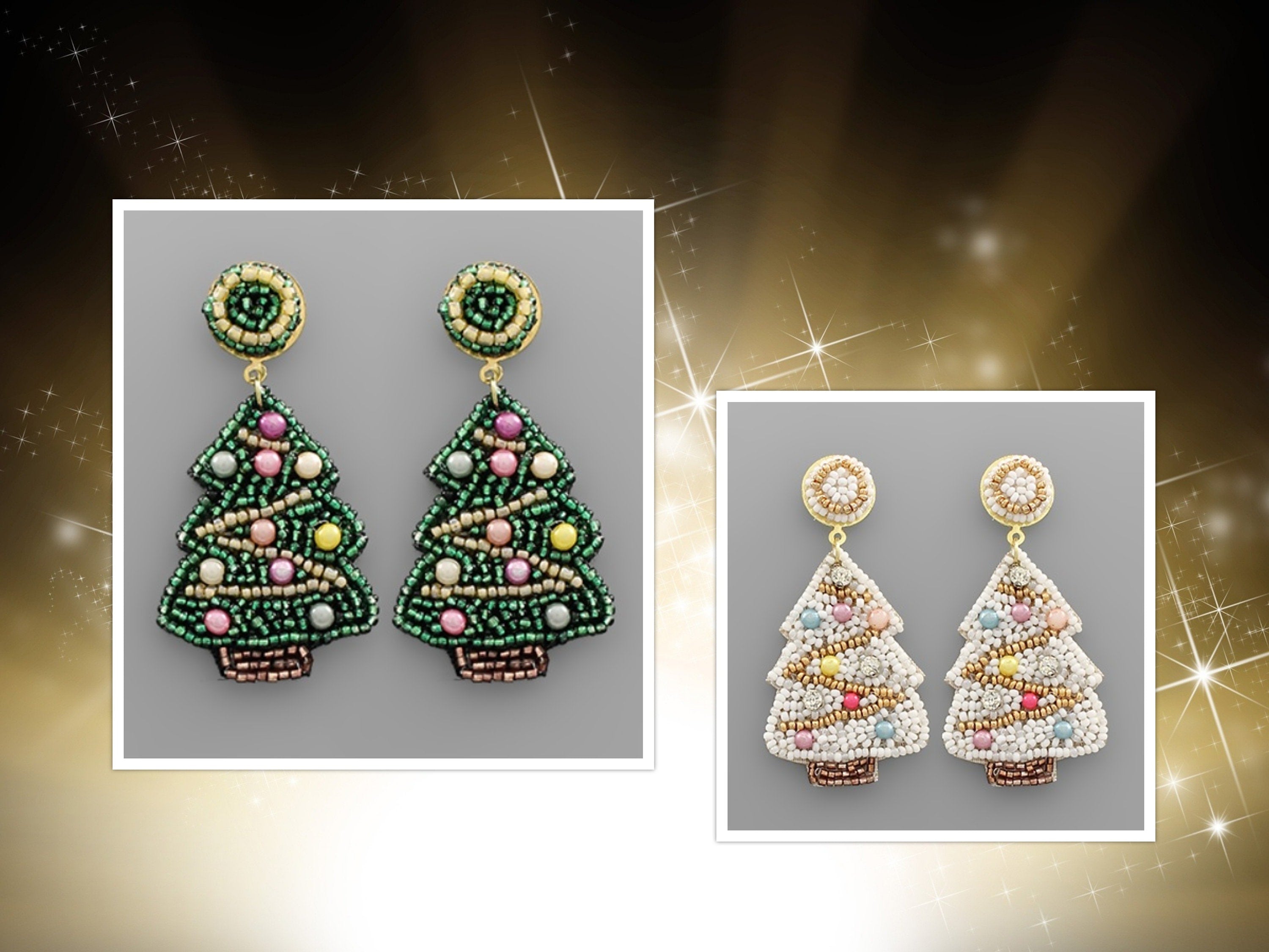 Clipon SeedBead Christmas Tree Clip On Earrings Winter Green Seed Beaded Design
