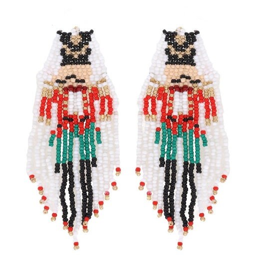 Clipon Seed Bead Nutcracker Earrings Winter Christmas Seedbead Tassel Clip on Hook Designs