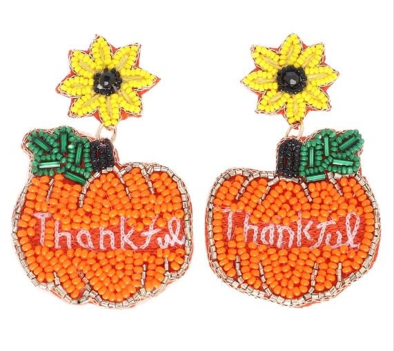 Clip On Thankful Pumpkin Seedbead Earrings Seed Beaded Clipon Post Sunflower Designs Fall