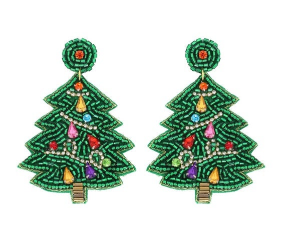 Clipon  SeedBead Christmas Tree Earrings Winter Green Seed Beaded Clip on Post Designs