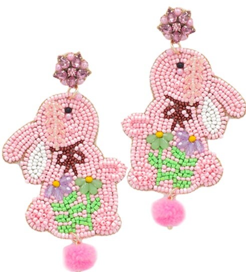 Clip On Easter Bunny Seed Beaded Earrings Seedbead Clipon Post Designs Pink