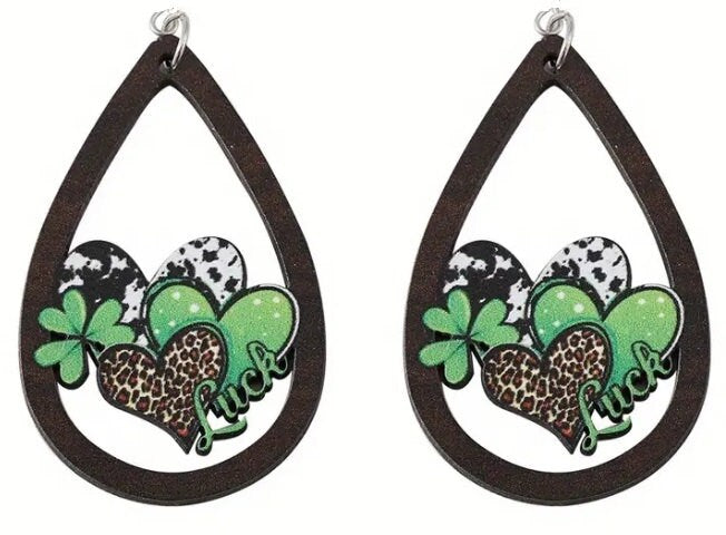 St Patricks Luck Shamrock Clover Clipon Earrings Clip on Hook Designs Wood Double Sided