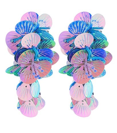 Clip on Sequin Flower Clusters Earrings Dangle Clipon Post Designs 3 Colors
