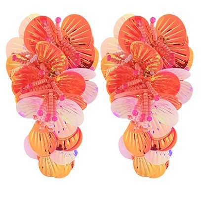 Clip on Sequin Flower Clusters Earrings Dangle Clipon Post Designs 3 Colors