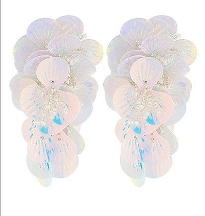 Clip on Sequin Flower Clusters Earrings Dangle Clipon Post Designs 3 Colors