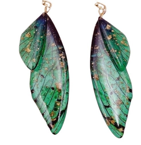 Clip-on Butterfly Wing Earrings: Gold Flake Resin Fairy Design