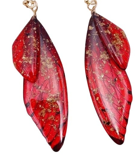 Clip-on Butterfly Wing Earrings: Gold Flake Resin Fairy Design